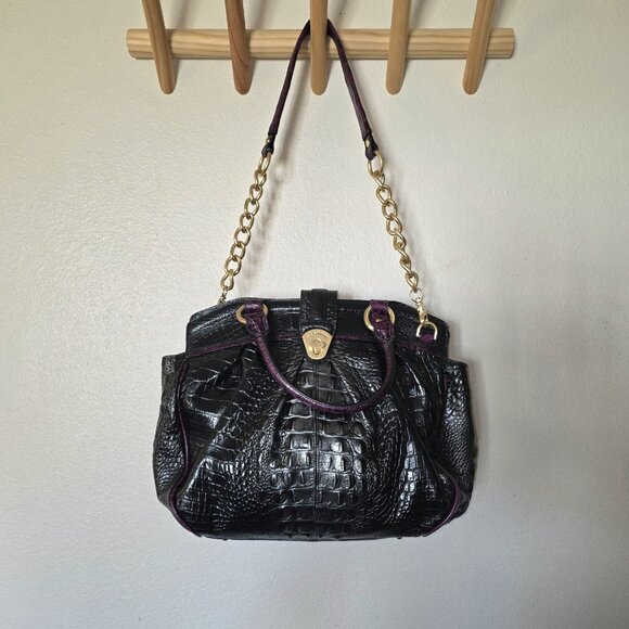 RARE Brahmin Adora Black & Purple Croc Embossed Leather Satchel Gold Chain - Picture 3 of 16